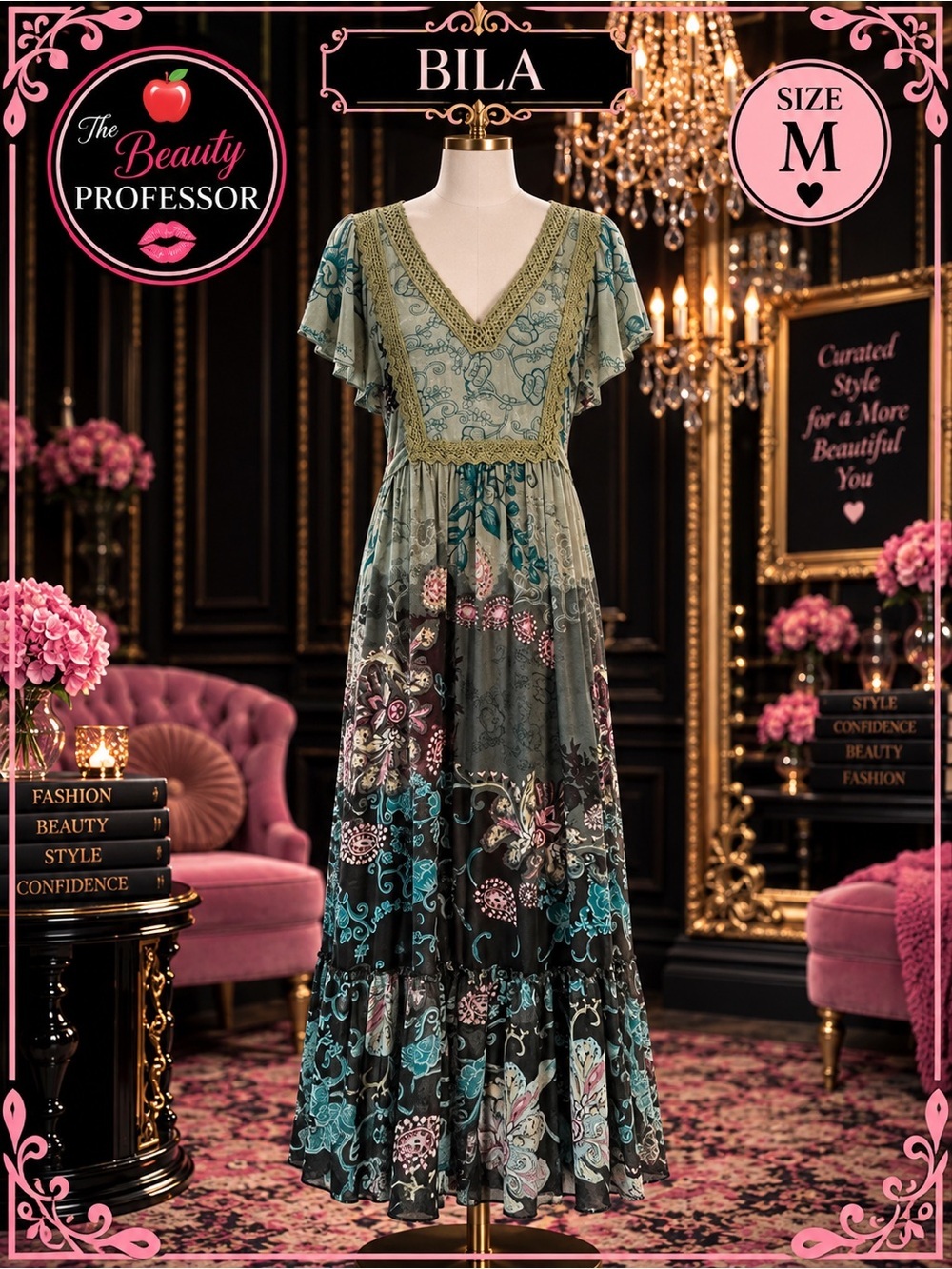 Bila Sage and Teal Floral Tiered Maxi Dress by BILA